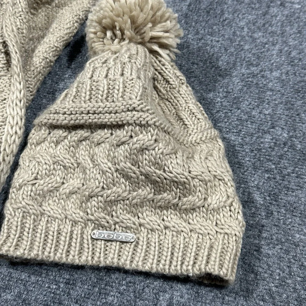 Bebe Tan Beige Cable Knit Scarf and Pom Beanie Hat Set OSFM Fringe‎ Logo
